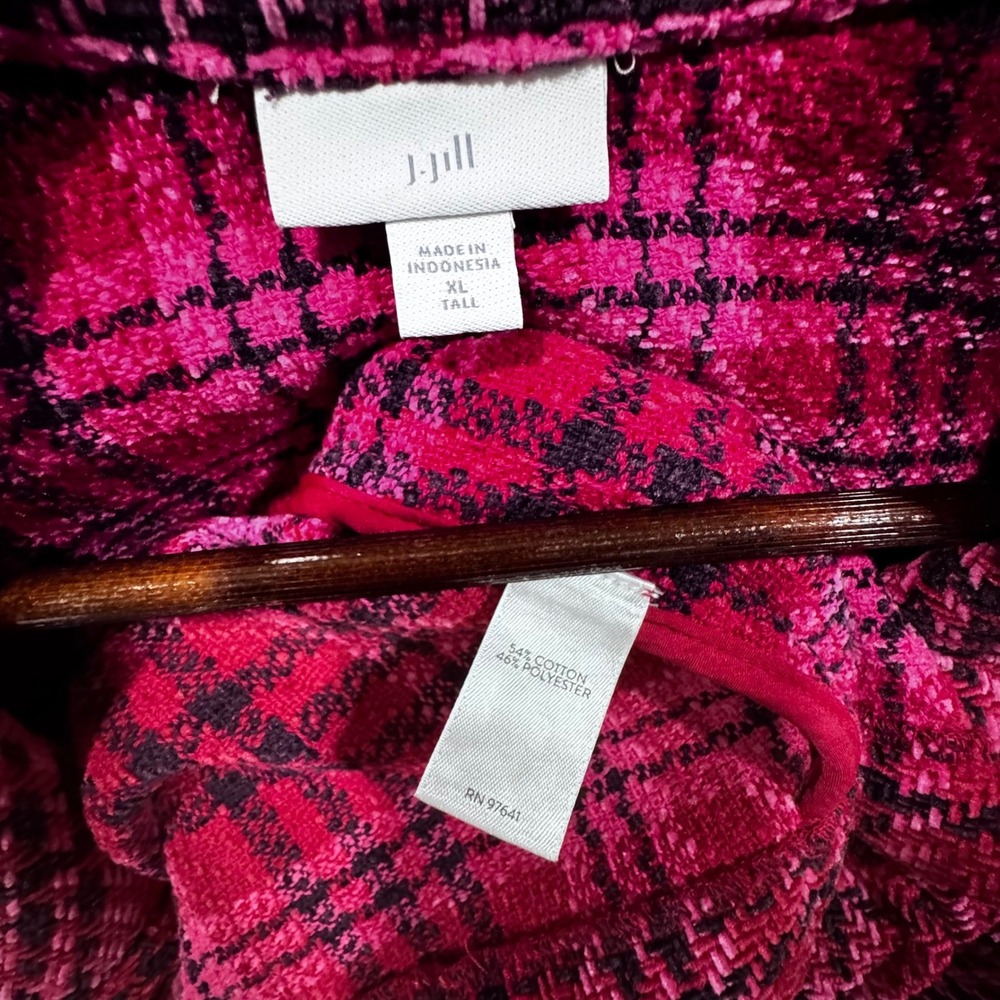 J. Jill Plaid Chenille Blazer Women XL TALL Pink‎ Black Open Front Academia $149 - Picture 5 of 10